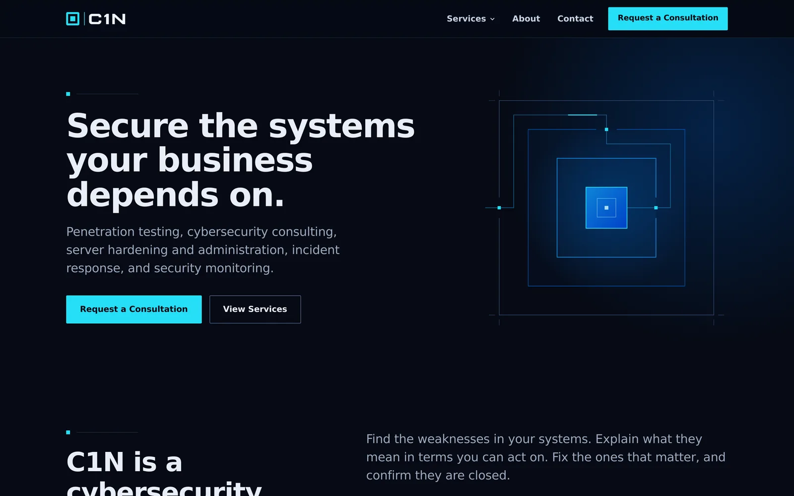 Home page of C1N, a cybersecurity site, built on Custom build.