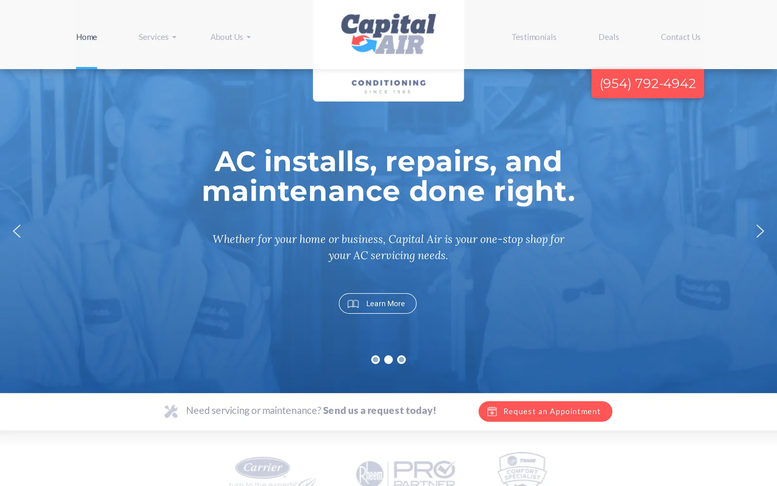 Home page of Capital Air Conditioning, a heating and air conditioning site, built on WordPress.