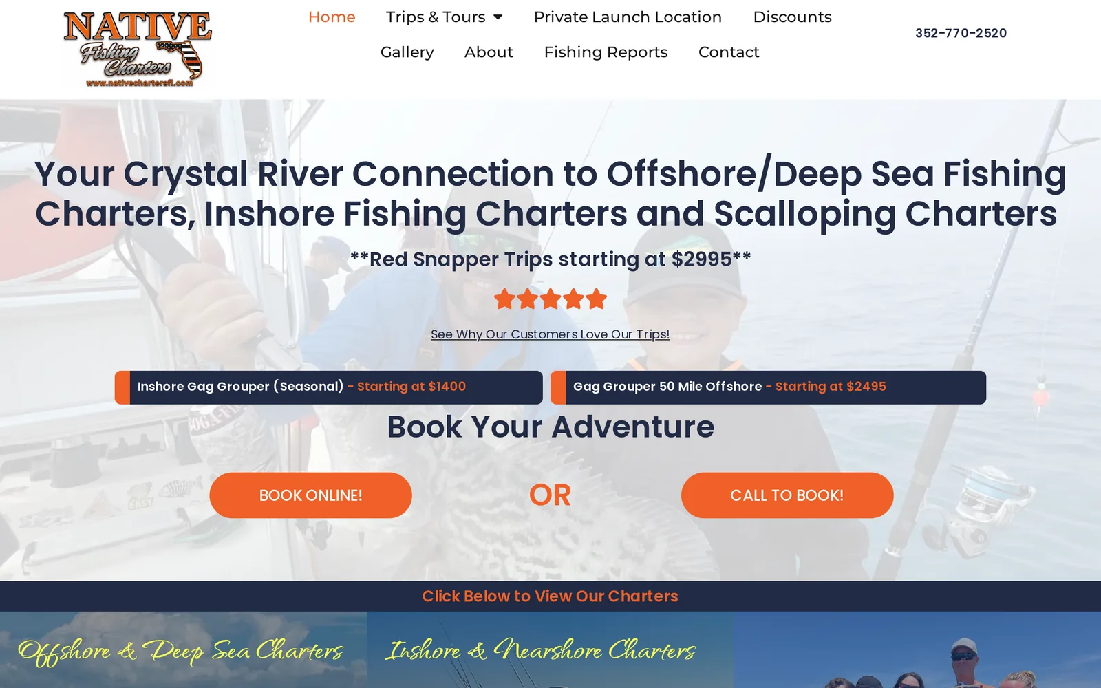 Home page of Native Charters, a fishing charters site, built on WordPress.
